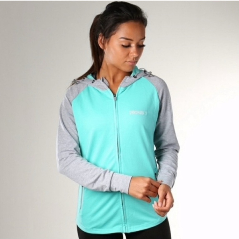 Gymshark Women's Aqua‎ and Gray Hoodie